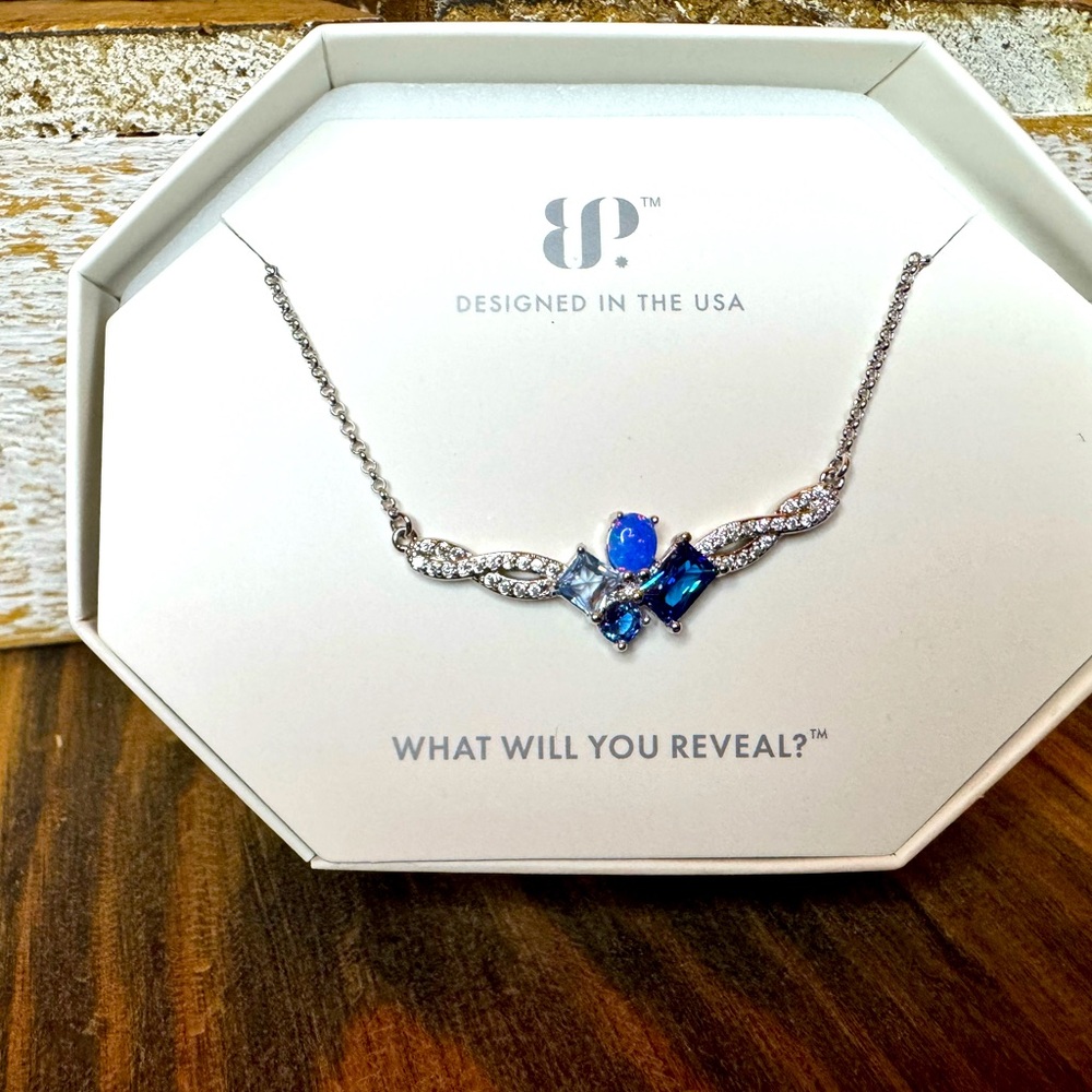 BP blue necklace 18in with 2in extender. Rhodium plating NWT.